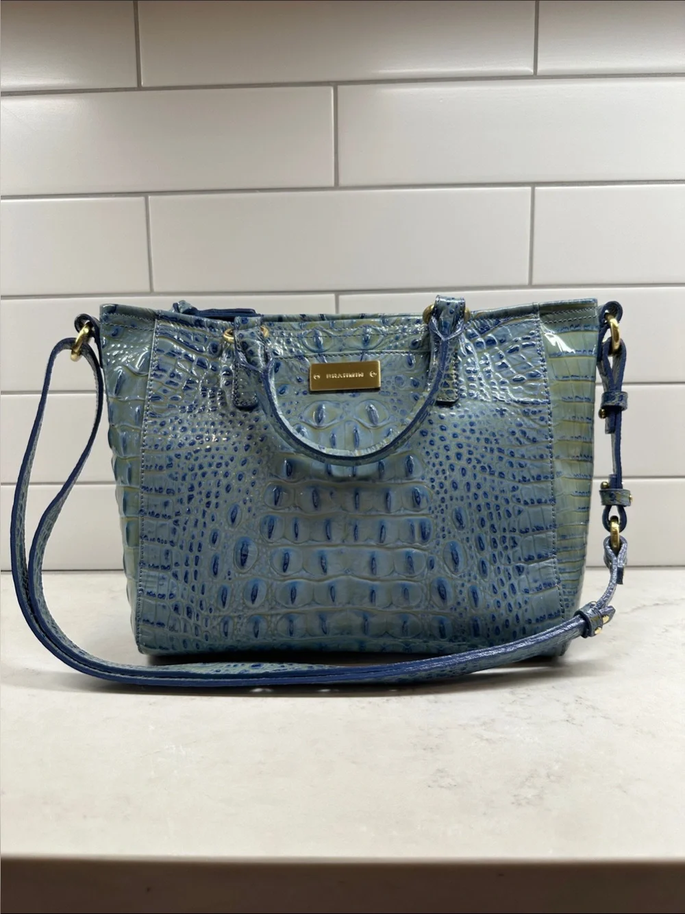 Blue Croc-Embossed Leather Satchel with Removable Strap